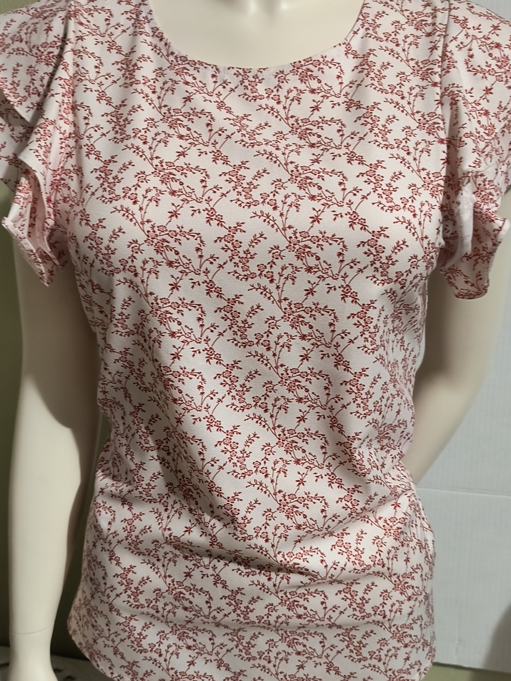 Women’s Floral Ruffle Sleeve Blouse - Pink with Red Print